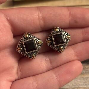 Sterling Silver, 18k Gold, and Garnet Clip Earrings